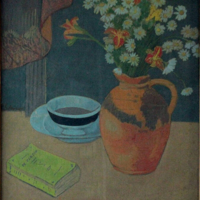 Destination Coeur de Bretagne - Kalon Breizh  - Nature morte au pichet de grès, fleurs, bol et livre de Platon-Tempera marouflée sur toile